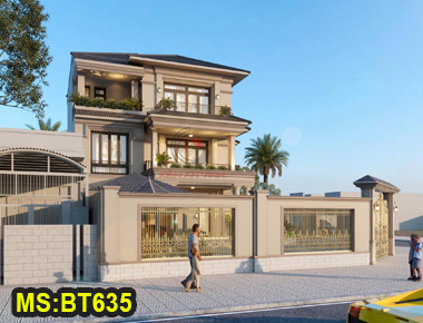 Thiết kế biệt thự 3 tầng 2 mặt tiền - 5 phòng ngủ mái nhật